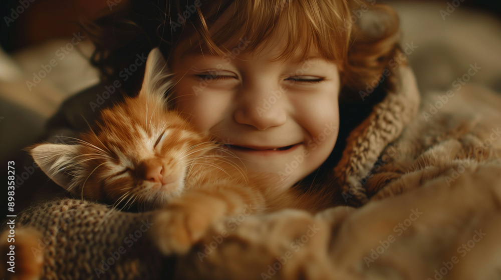 Young girl smiles as she cuddles a sleeping kitten indoors Young girl smiles as she cuddles a sleeping kitten indoors