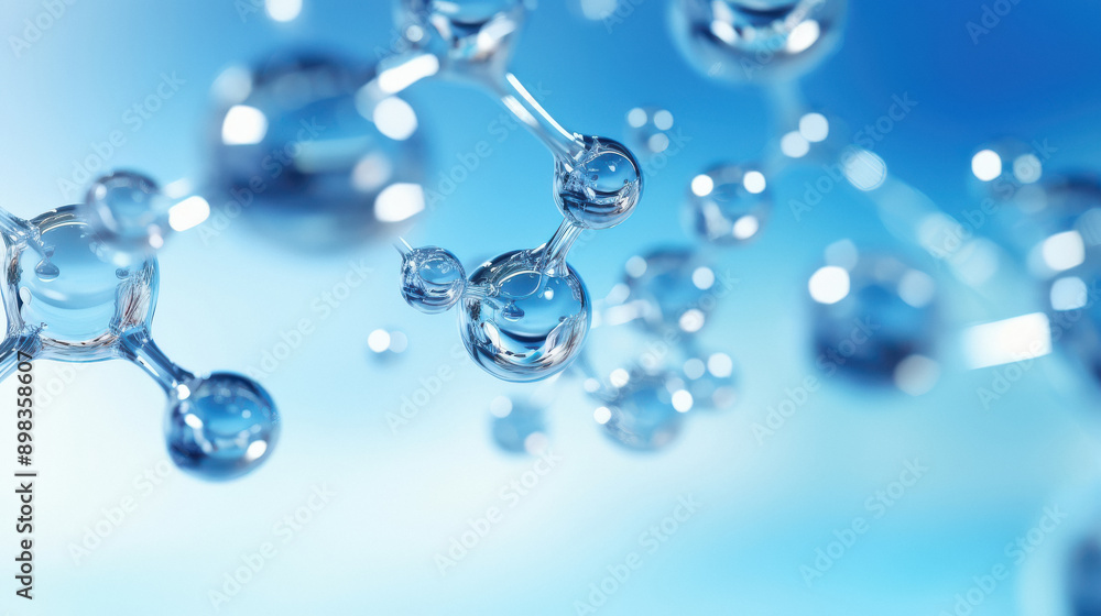 Abstract glass molecules floating in blue fluid background Abstract glass molecules floating in blue fluid background