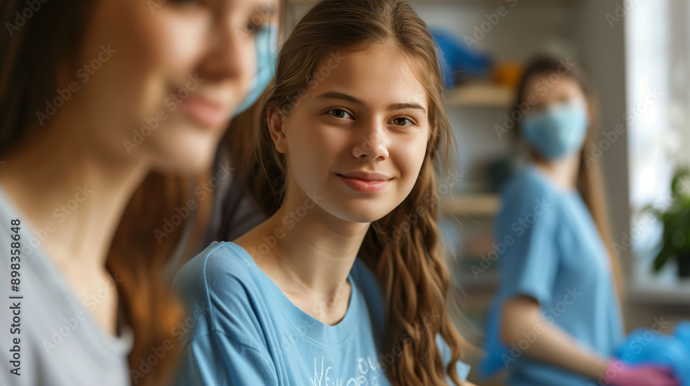 Fototapeta premium Teenage volunteers helping adults with household chores