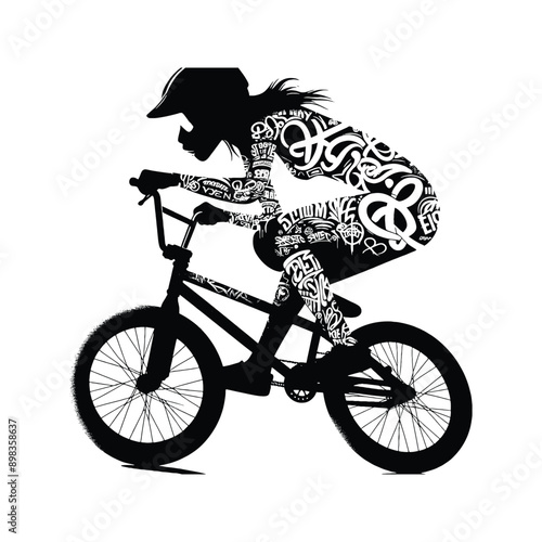 Cycling, bmx  female player in graffiti tags, street art pattern illustration, emblem shield badge