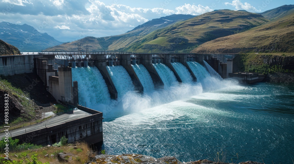 Hydroelectric dam with turbines generating power, highlighting the importance of renewable energy Hydroelectric dam with turbines generating power, highlighting the importance of renewable energy