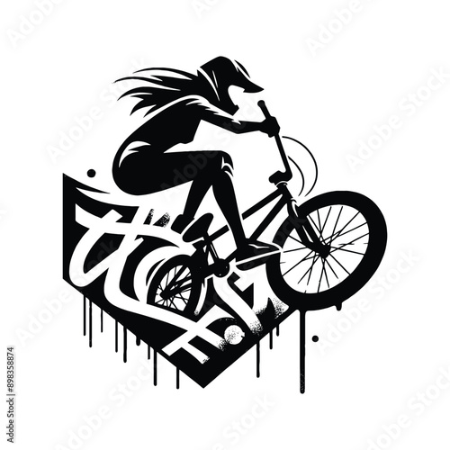 Cycling, bmx  female player in graffiti tags, street art pattern illustration, emblem shield badge