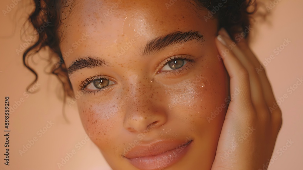 Naklejka premium Captivating Close-Up of a Beautiful Woman with Glowing Skin and Soft Lips
