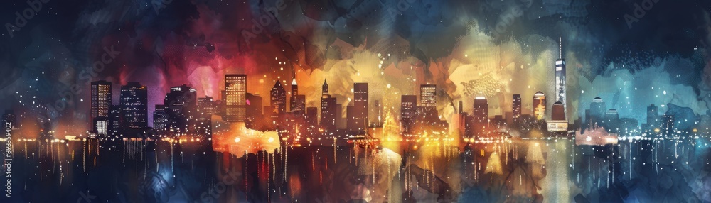 Vibrant Night Cityscape in Watercolor: Glowing Urban Skyline with Bright Lights and Energetic Atmosphere Vibrant Night Cityscape in Watercolor: Glowing Urban Skyline with Bright Lights and Energetic Atmosphere