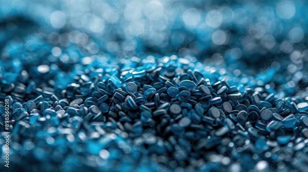 Close-up of blue plastic polymer pellets used as raw material in manufacturing. Close-up of blue plastic polymer pellets used as raw material in manufacturing.