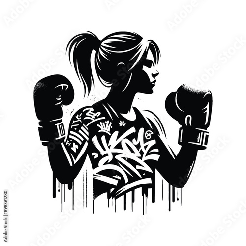 Boxing, Kickboxing   female player in graffiti tags, street art pattern illustration, emblem shield badge