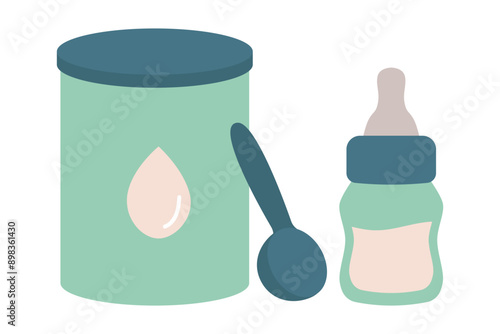 Baby feeding, powdered milk or formula. Jar, spoon and baby bottle. Isolated vector illustration in clip art style.