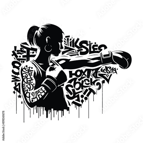 Boxing, Kickboxing   female player in graffiti tags, street art pattern illustration, emblem shield badge