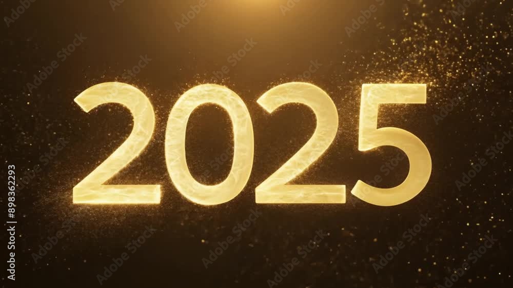 Happy new year 2025 golden numbers on dark background. A swirling vortex of golden light shine particles gradually forming the Happy new year 2025 golden numbers on dark background. A swirling vortex of golden light shine particles gradually forming the