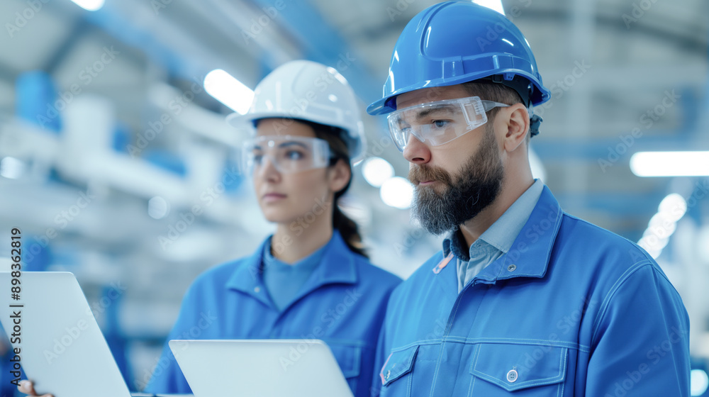 Two engineers in blue uniforms and safety helmets work on laptops in a high-tech manufacturing facility, surrounded by modern machinery and advanced equipment. Two engineers in blue uniforms and safety helmets work on laptops in a high-tech manufacturing facility, surrounded by modern machinery and advanced equipment.