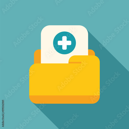 Yellow folder containing medical record with cross symbol representing healthcare and patient information management