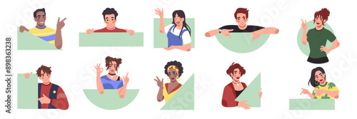 Happy persons show gestures. People with geometric shapes. Curious girl peeping from circle. Looking guy. Down finger advice. Man pointing out. Woman waving hand. Vector tidy gesturing characters set