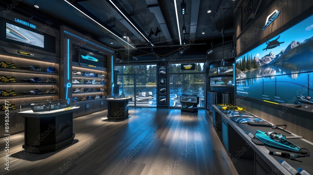 digital fishing gear shop with virtual lake testing and gear customization options on interactive screens digital fishing gear shop with virtual lake testing and gear customization options on interactive screens