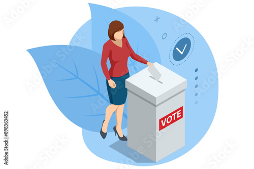2024 United States of America Presidential Election banner. A young woman, a citizen of the United States, is casting her vote by placing a paper into a ballot box at a polling station.