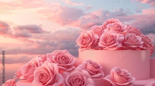 Pink 3D spring table beauty stand display. White garden rose floral summer background for valentine's day, easter, or day of romance in the field.