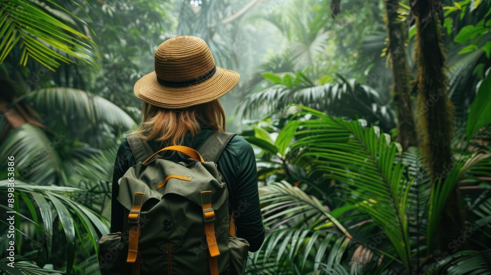 Fototapeta premium A traveler exploring a tropical rainforest, surrounded by lush greenery and exotic wildlife
