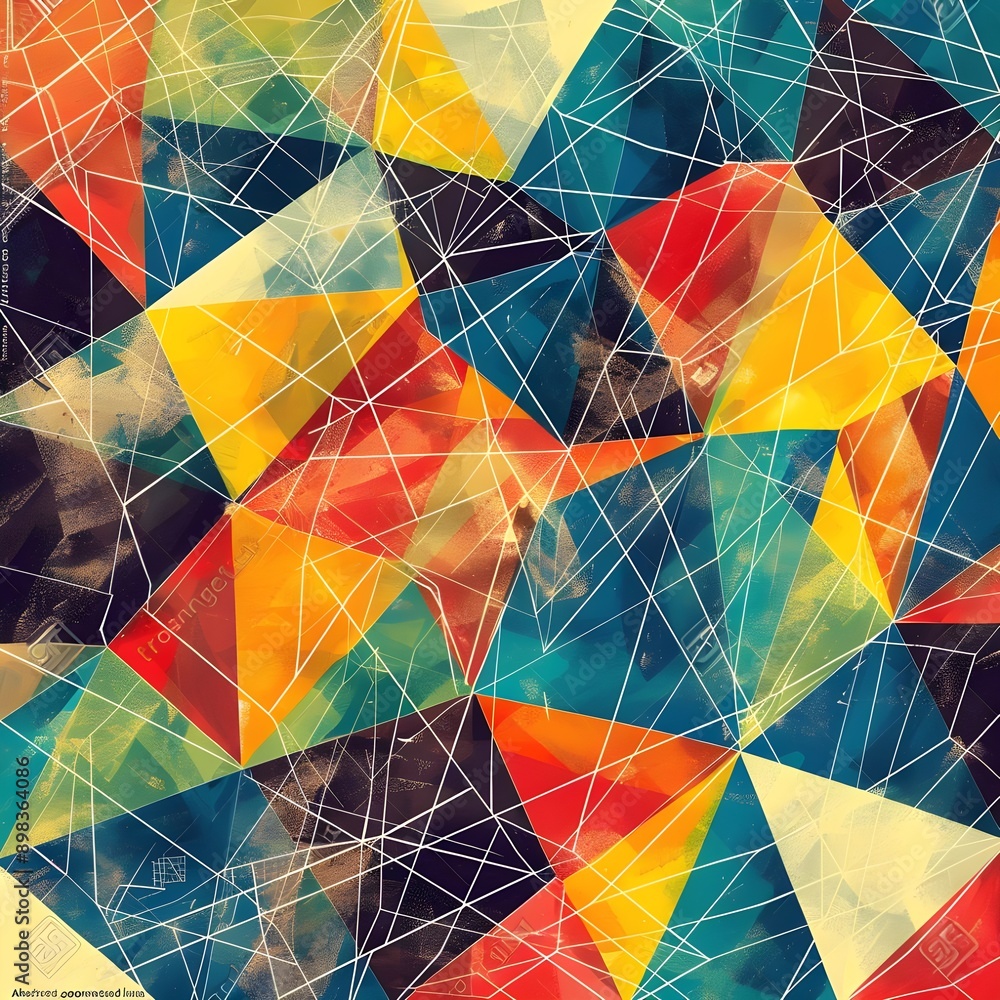 Fototapeta premium A vivid geometric collage made of overlapping triangles in multiple colors, representing the diverse and interconnected nature of digital data systems.
