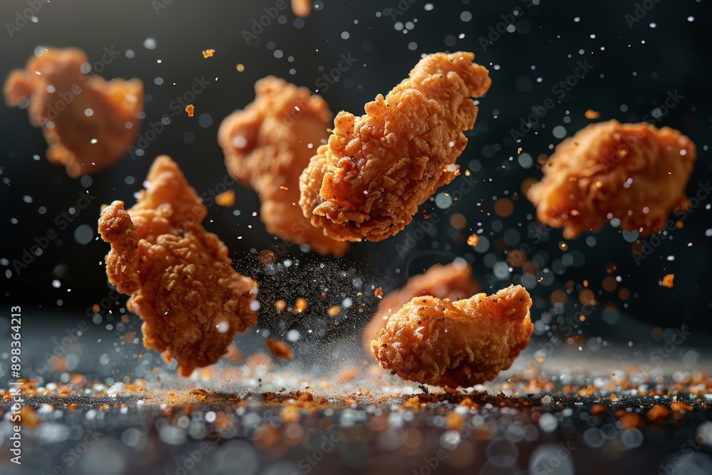 Dynamic shot of crispy fried chicken pieces in mid-air, highlighting the texture and deliciousness of this classic comfort food. Dynamic shot of crispy fried chicken pieces in mid-air, highlighting the texture and deliciousness of this classic comfort food.