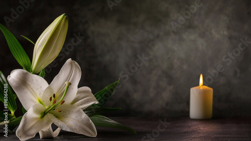Funeral concept: White lily and candle. Dark background with space for text.


