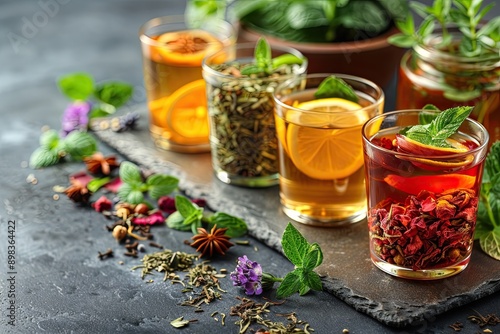 Different varieties of herbal and fruit tea in glass bowls next to the kettle filled with a hot drink and a cup. Close-up and selective focus. Vegan drinks. Medicinal herbal collection.