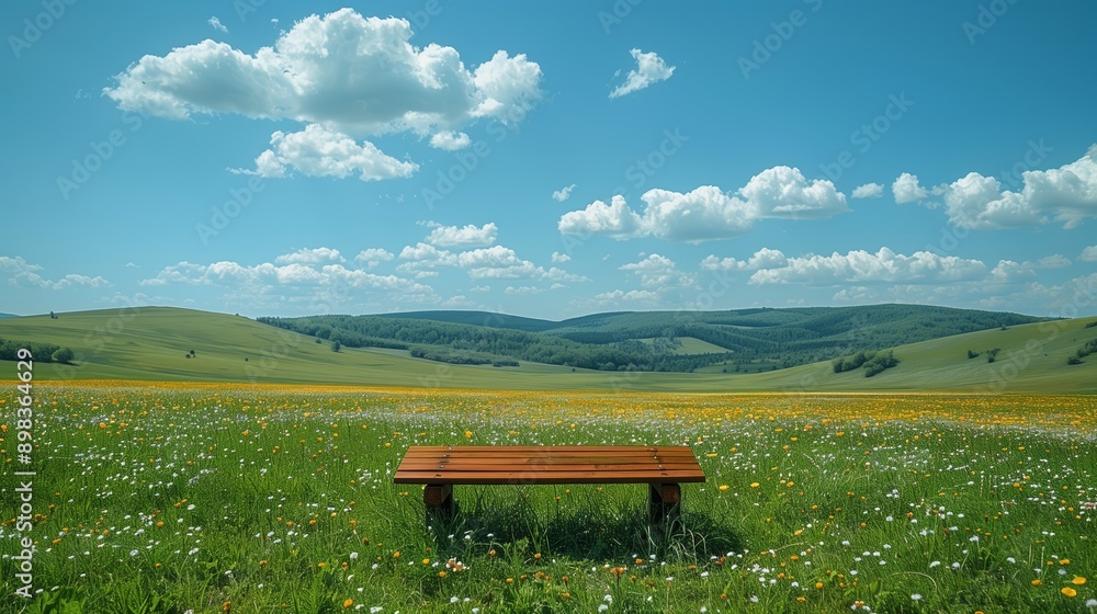 Wooden Bench in a Rolling Green Meadow With a Blue Sky Wooden Bench in a Rolling Green Meadow With a Blue Sky