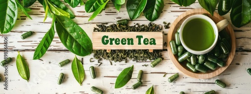 Green tea capsules supplements on the table. Selective focus.