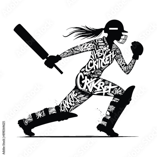 Cricket  female player in graffiti tags, street art pattern illustration, emblem shield badge