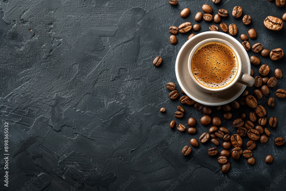 Freshly brewed coffee in a rustic black cup, surrounded by scattered coffee beans, creating a warm and inviting scene. Freshly brewed coffee in a rustic black cup, surrounded by scattered coffee beans, creating a warm and inviting scene.