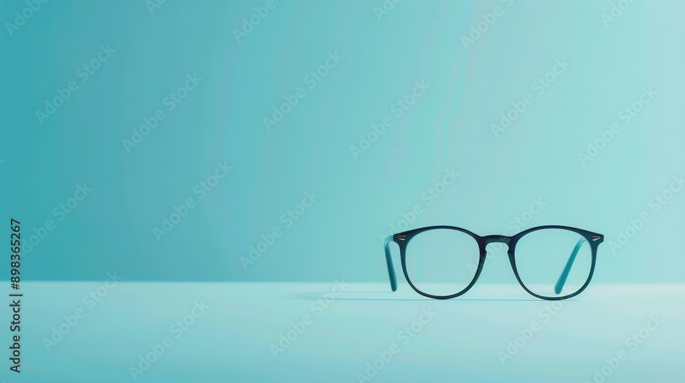 A pair of black eyeglasses sits on a light blue surface. The glasses have a simple, round frame and are slightly angled. Generative AI A pair of black eyeglasses sits on a light blue surface. The glasses have a simple, round frame and are slightly angled. Generative AI