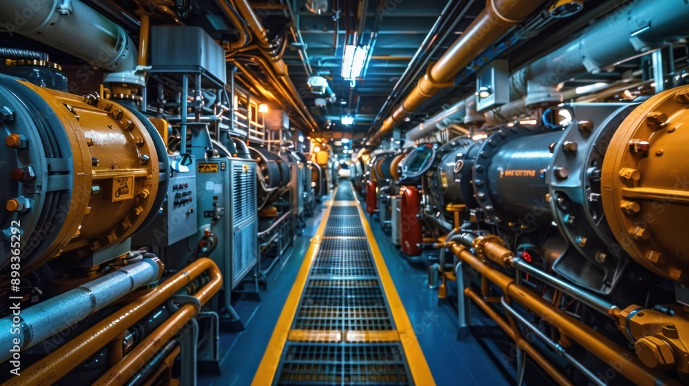 A ship's engine room with complex machinery, showcasing the engineering marvels of maritime vessels A ship's engine room with complex machinery, showcasing the engineering marvels of maritime vessels