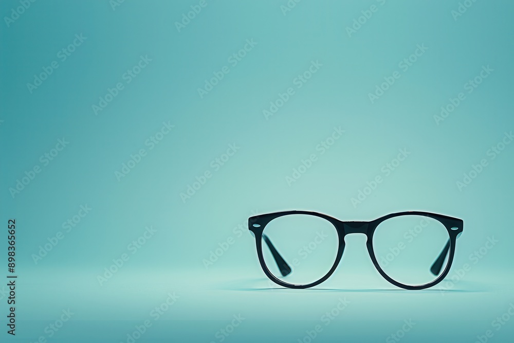 Black eyeglasses rest on a light blue surface. Generative AI Black eyeglasses rest on a light blue surface. Generative AI