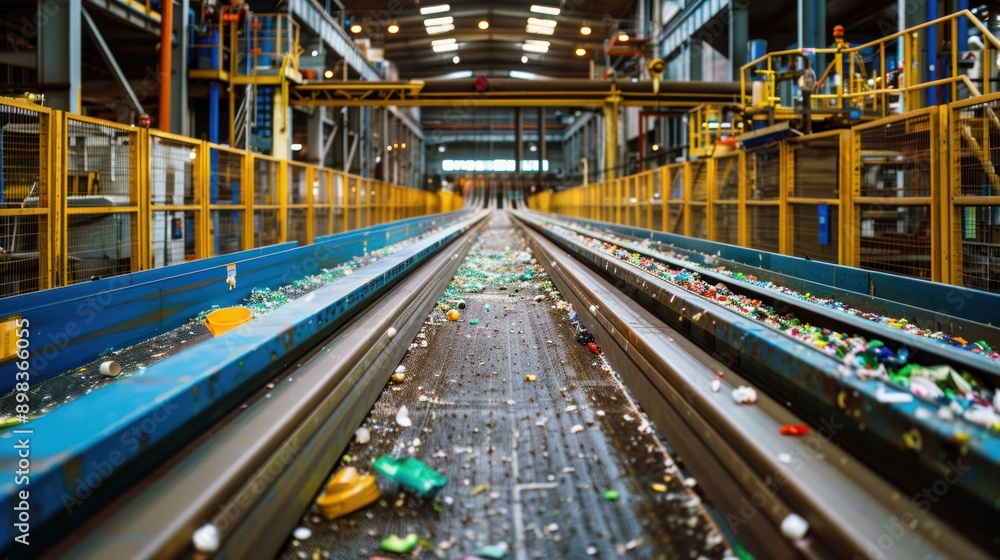 A recycling plant with conveyor belts sorting materials, emphasizing sustainability in industry A recycling plant with conveyor belts sorting materials, emphasizing sustainability in industry