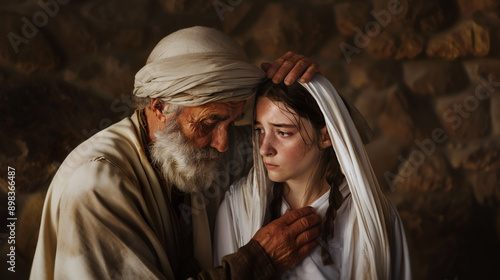 Old father, prophet, blesses daughter. Esther and Mordecai. Biblical ancient times, peoples of the Middle East