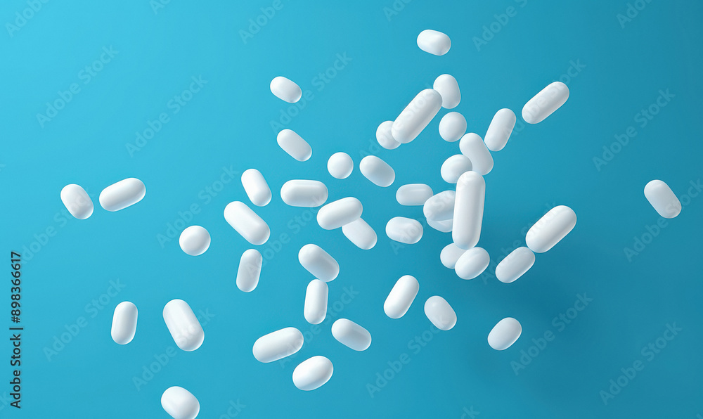 blue and white pill falling on a blue background blue and white pill falling on a blue background