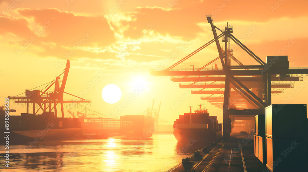 Silhouette container dock cargo yard working crane in shipyard transport logistic import export, Transportation logistics with sun sky background Silhouette container dock cargo yard working crane in shipyard transport logistic import export, Transportation logistics with sun sky background