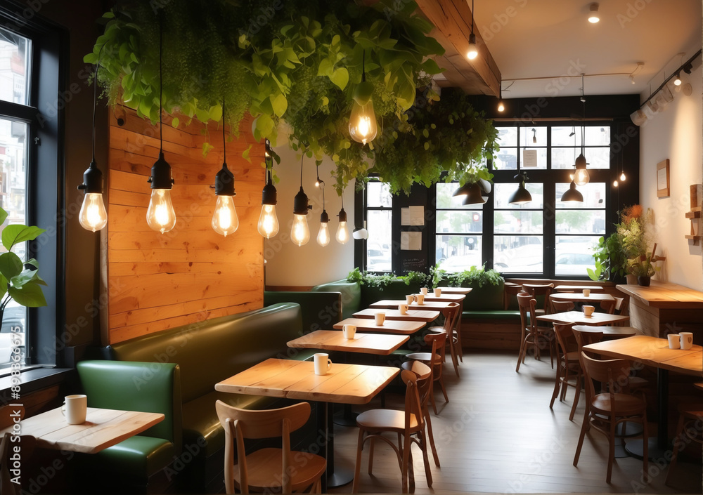 Fototapeta premium Cozy and inviting café interior with rustic wooden furniture and large windows allowing natural light to flood the space. The café features wooden tables and chairs, a row of high stools along the win
