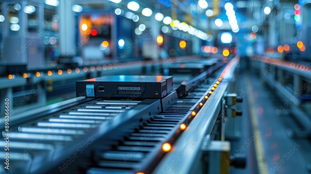 An assembly line producing consumer electronics, showcasing efficiency in mass production An assembly line producing consumer electronics, showcasing efficiency in mass production