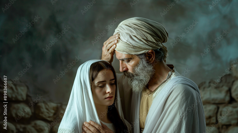 Obraz premium An old man, father, prophet, gives instructions to a young woman, daughter. Comforts in grief. Biblical ancient times, peoples of the Middle East. Joseph and Mary, Esther and Mordecai.