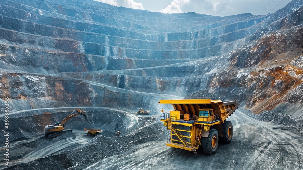 A large-scale mining operation with heavy machinery, representing the extraction of natural resources A large-scale mining operation with heavy machinery, representing the extraction of natural resources