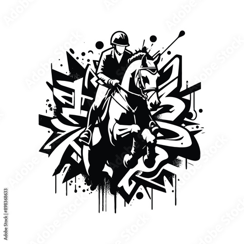 Equestrian, horse riding  female player in graffiti tags, street art pattern illustration, emblem shield badge