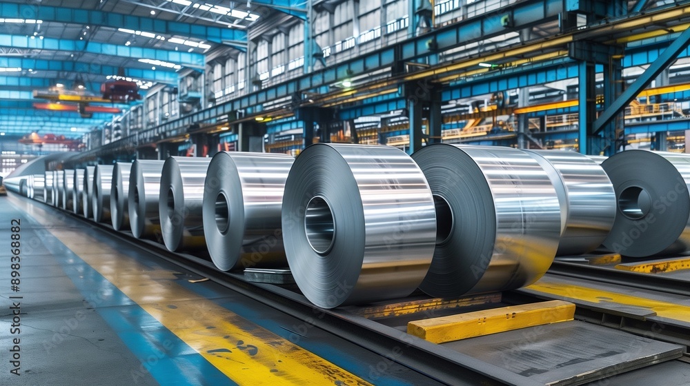 Large, industrial factory houses rows of aluminum coils on conveyor belt. Factory floor is clean and well-lit, indicating efficient and modern facility. Aluminium metal plate Large, industrial factory houses rows of aluminum coils on conveyor belt. Factory floor is clean and well-lit, indicating efficient and modern facility. Aluminium metal plate