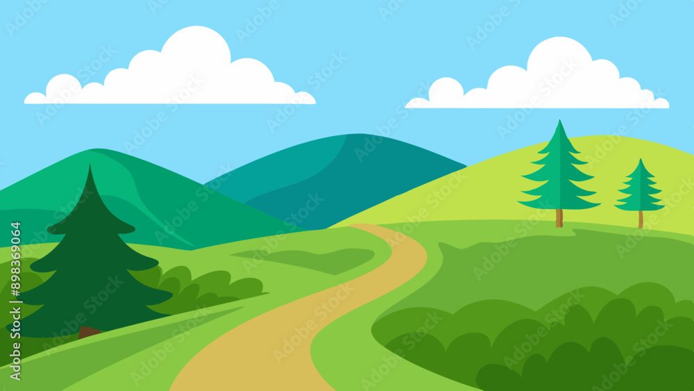Obraz premium Beautiful nature landscape with green grass, hill, trees, and footpath vector illustration 