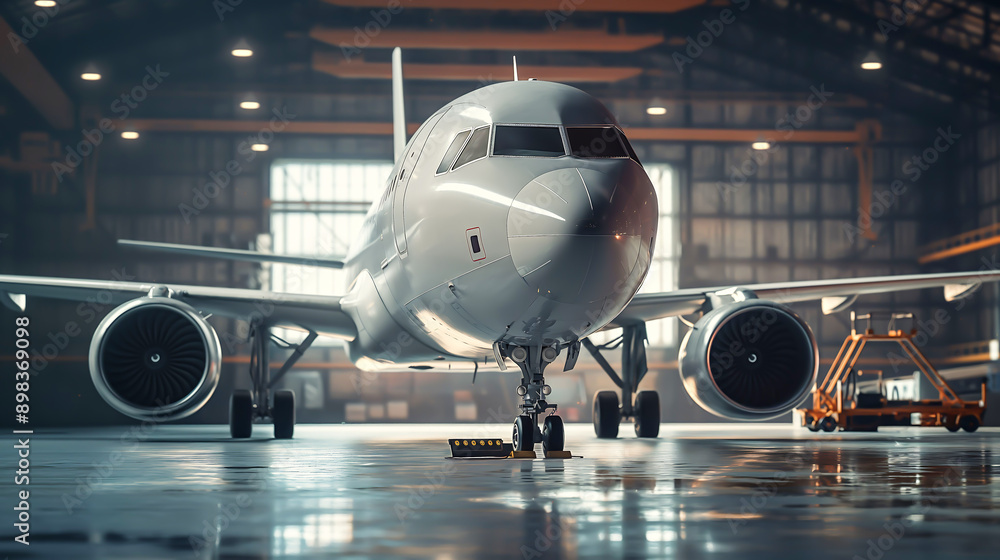 The passenger aircraft waiting for services maintenance of engine and fuselage repair in airport hangar. Large passenger aircraft on service in an aviation hangar The passenger aircraft waiting for services maintenance of engine and fuselage repair in airport hangar. Large passenger aircraft on service in an aviation hangar
