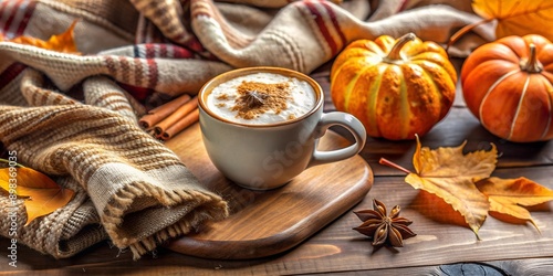 A cozy autumn scene with a pumpkin spice latte a warm blanket and the essence of fall AI-Generated Content