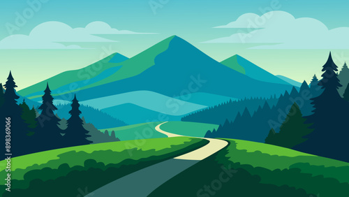 Beautiful nature landscape with green grass,  hill, trees, and footpath vector illustration 