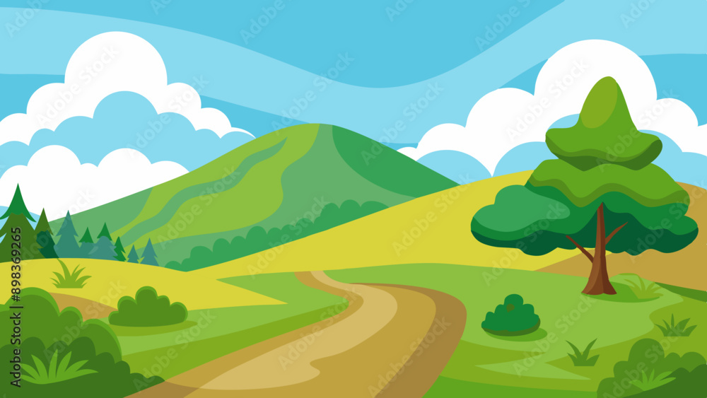 Beautiful nature landscape with green grass, hill, trees, and footpath vector illustration Beautiful nature landscape with green grass, hill, trees, and footpath vector illustration