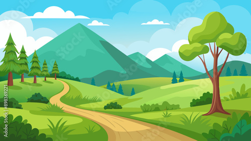 Beautiful nature landscape with green grass,  hill, trees, and footpath vector illustration 