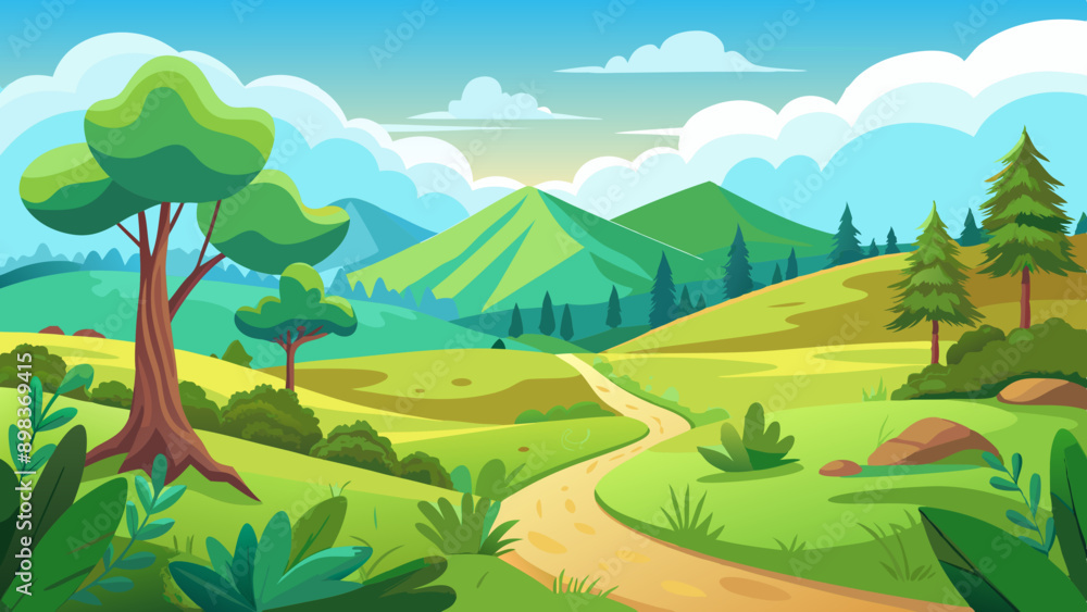 Obraz premium Beautiful nature landscape with green grass, hill, trees, and footpath vector illustration 