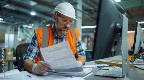 Professional contractor in orange hard hat and safety vest reviews paperwork at a desk in an office setting.