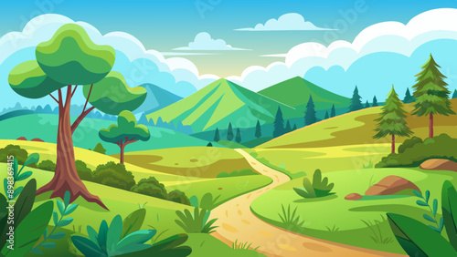 Beautiful nature landscape with green grass,  hill, trees, and footpath vector illustration 